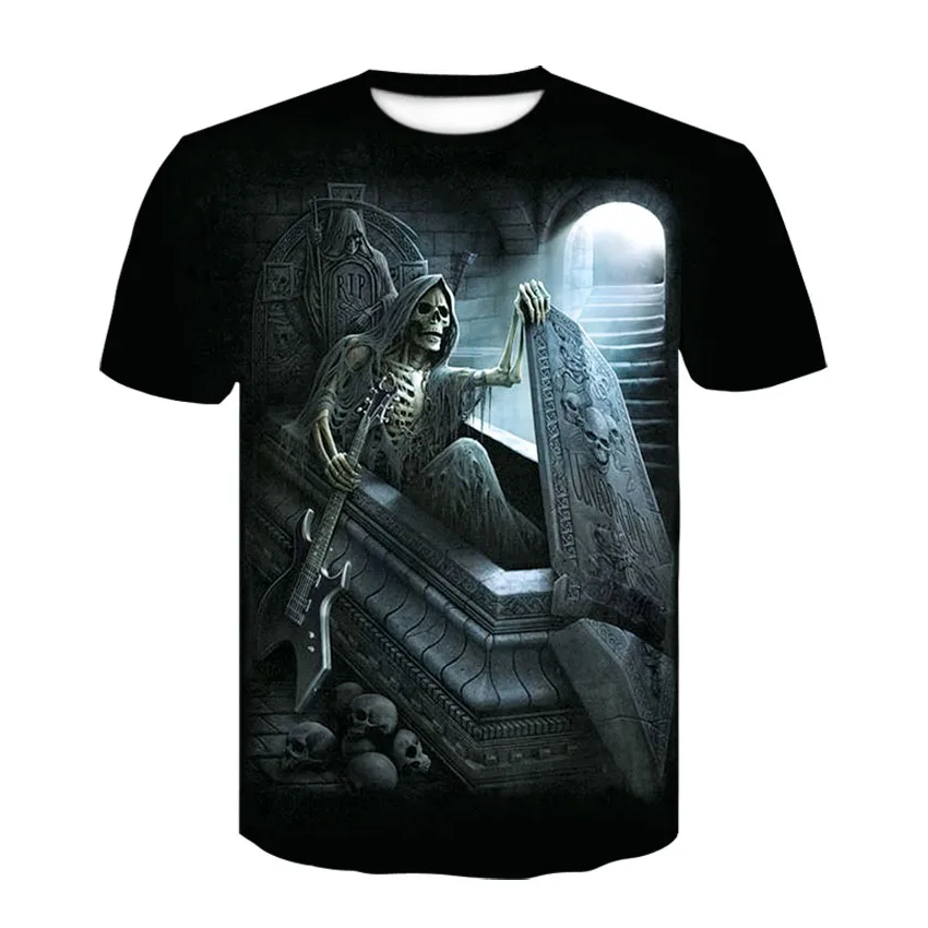 Summer Skull Art Pattern Quick-Dry Men\'s T-shirt Hip Hop 3D Print Personality Neck Short Sleeve Fashion Clothes