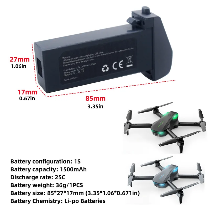 3.7V 1500mAh Lipo Battery for S20 S29 A4 Aerial Quadcopter, Foldable Remote-Controlled Drone Battery(2pcs gray)