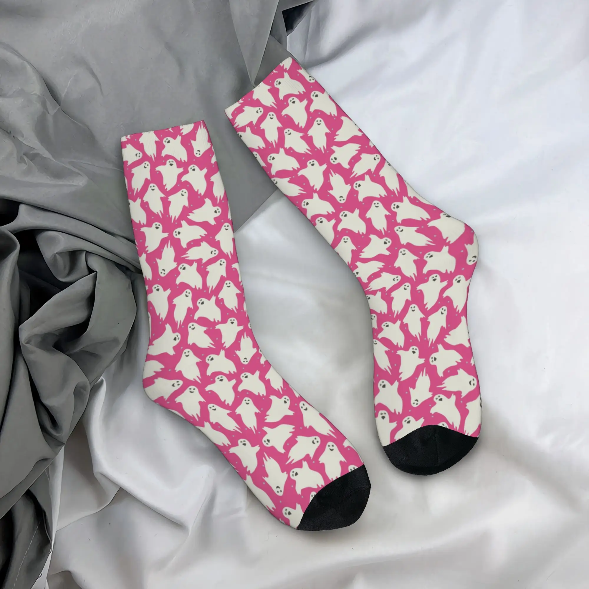 Retro Pink Ghosts Spooky Pattern Basketball Socks Halloween Polyester Long Socks for Unisex Breathable