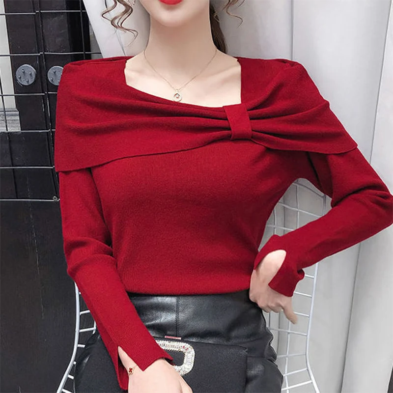 Autumn Winter Elegant Fashion Bow Sweater Ladies Slim Solid Color Slit Knitting Pullovers Women\'s Vintage All-match Jumpers Top