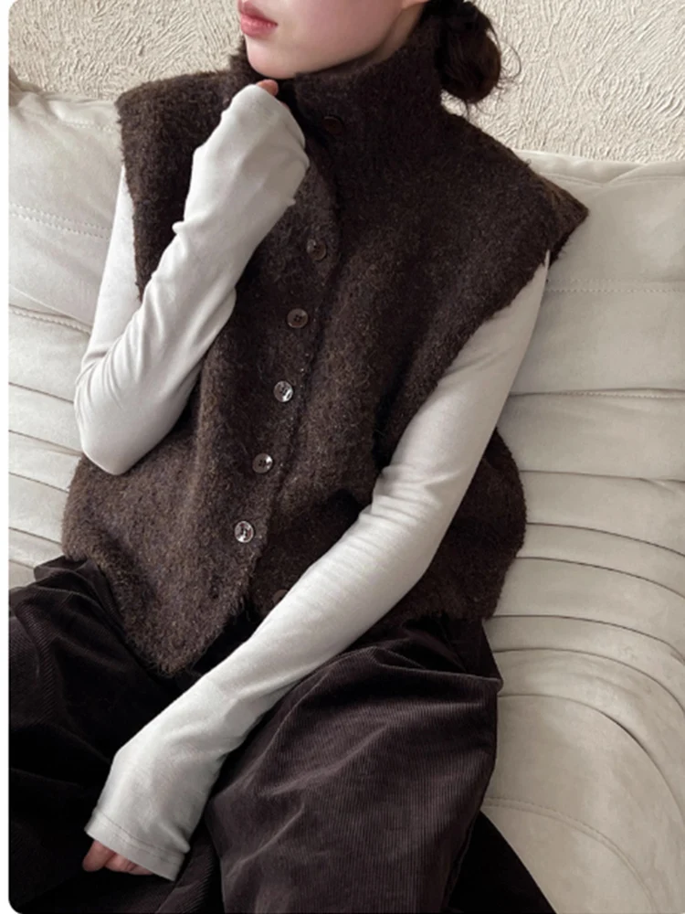 

Dongda Gate Autumn Winter New Faionable High Collar Single Button Casual Knitted Vest Women's Sweater Polyester Fiber