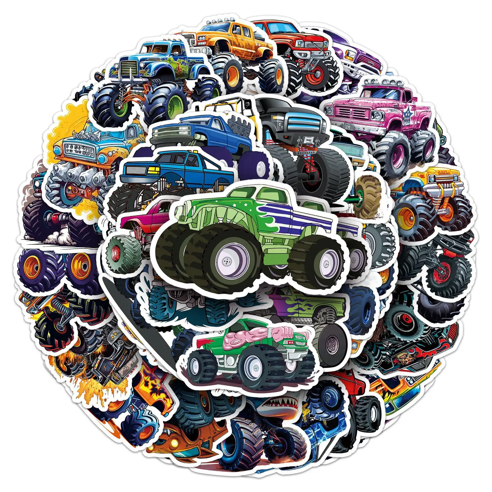 100 PCS Cartoon Big Wheel Monster Truck Mechanical Art Stickers Decorate Helmet Skate Tablet Reusable Stationery Decals