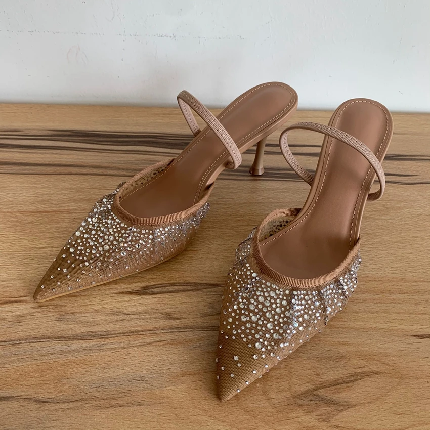 Fashion Summer Women High Heels Rhinestone Slingback Woman Pumps Pointed Toe High Heels Sandals Elegant Woman Shoes