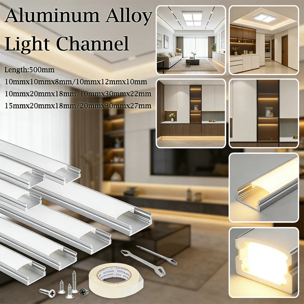 1pc LED Aluminum Profile Kit, U-Shaped Channel with Milky Diffuser Cover, Includes End Caps & Clips for Strip Installation
