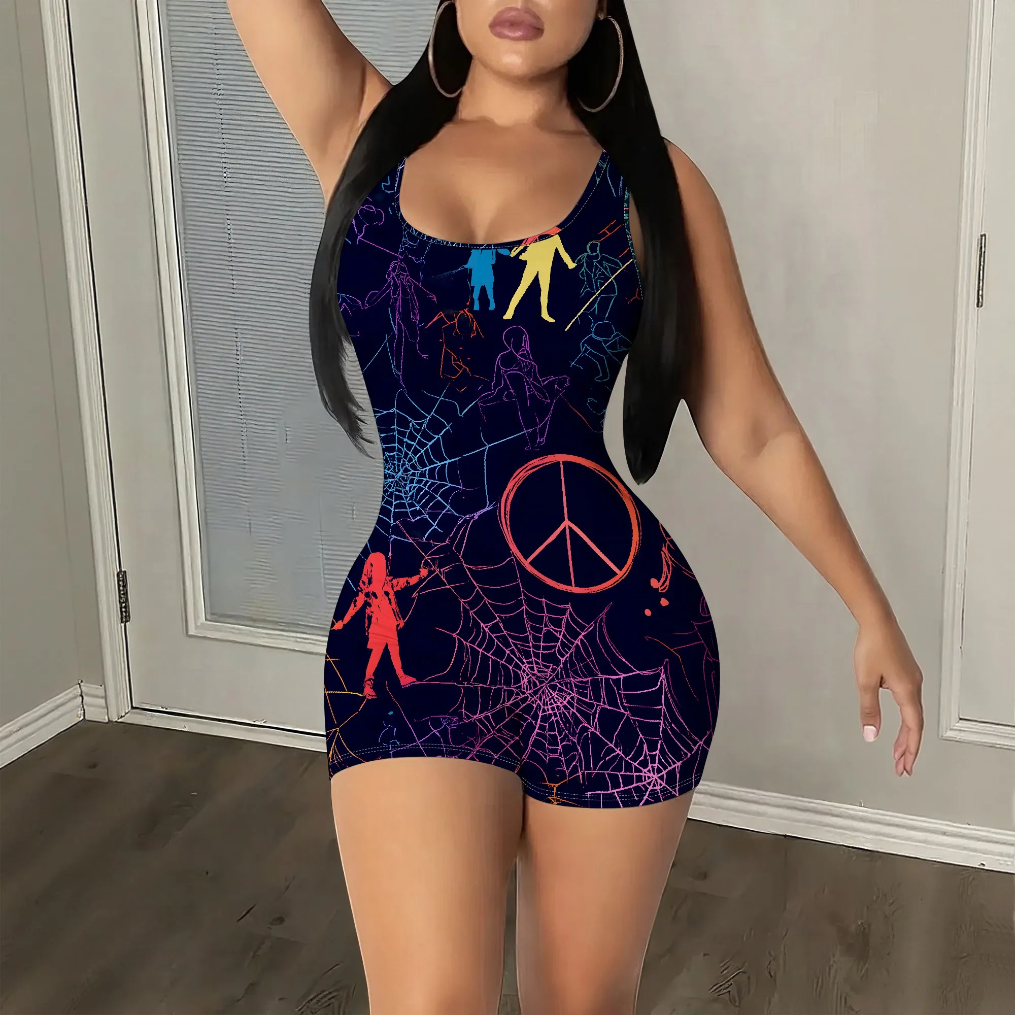 Retro Print Sleeveless Romper, Neon Peace Sign Pattern, Spiderweb & Dancer Graphic, Summer Party Clubwear, S-2XL
