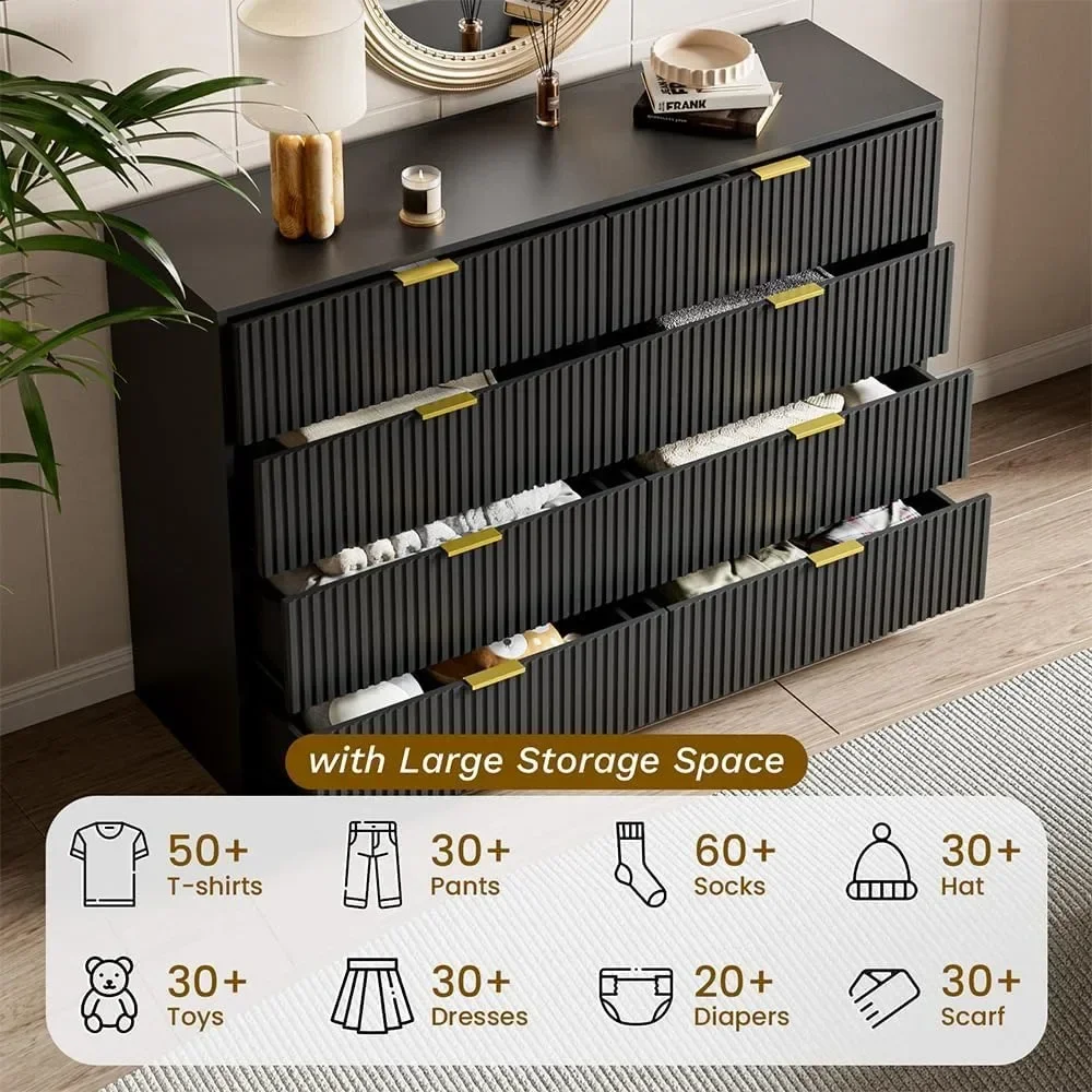 55" Wide Dresser Bedroom, Fluted 8-Drawer Double Dresser with Gold Handles, Modern Tall Chest of Drawers for Bedroom, Dressers image 4