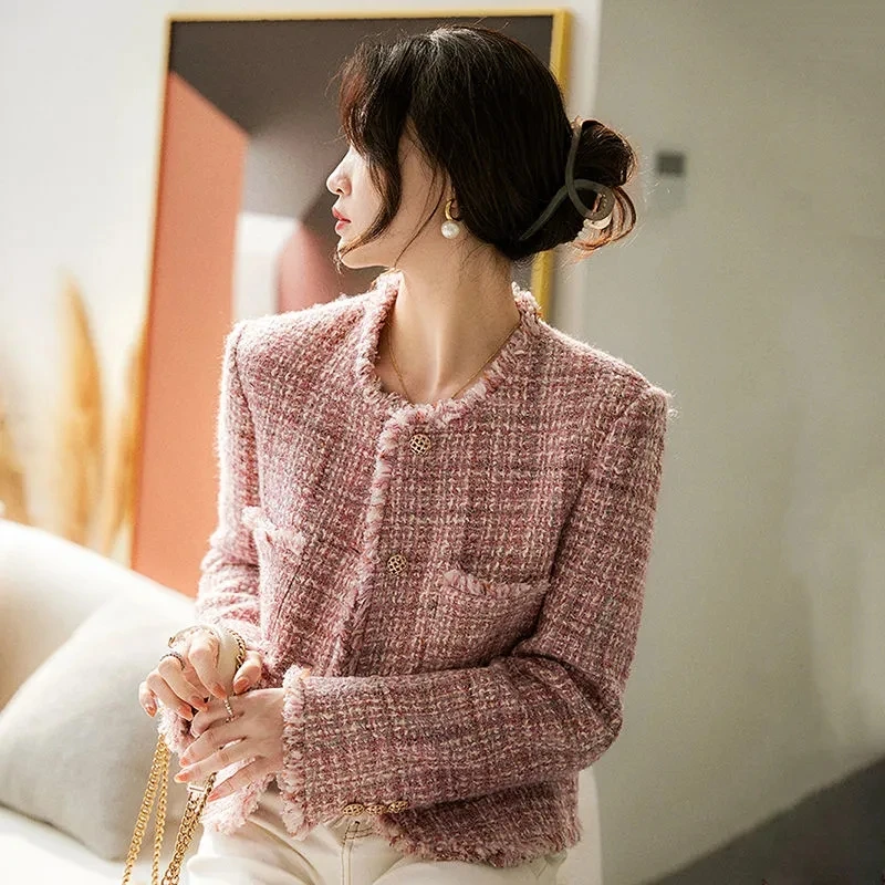 2022 Fall New Girl Classic Fragrant Tweed Short Jacket Long Sleeve Slim Fit Women Pink OL Wool Coat