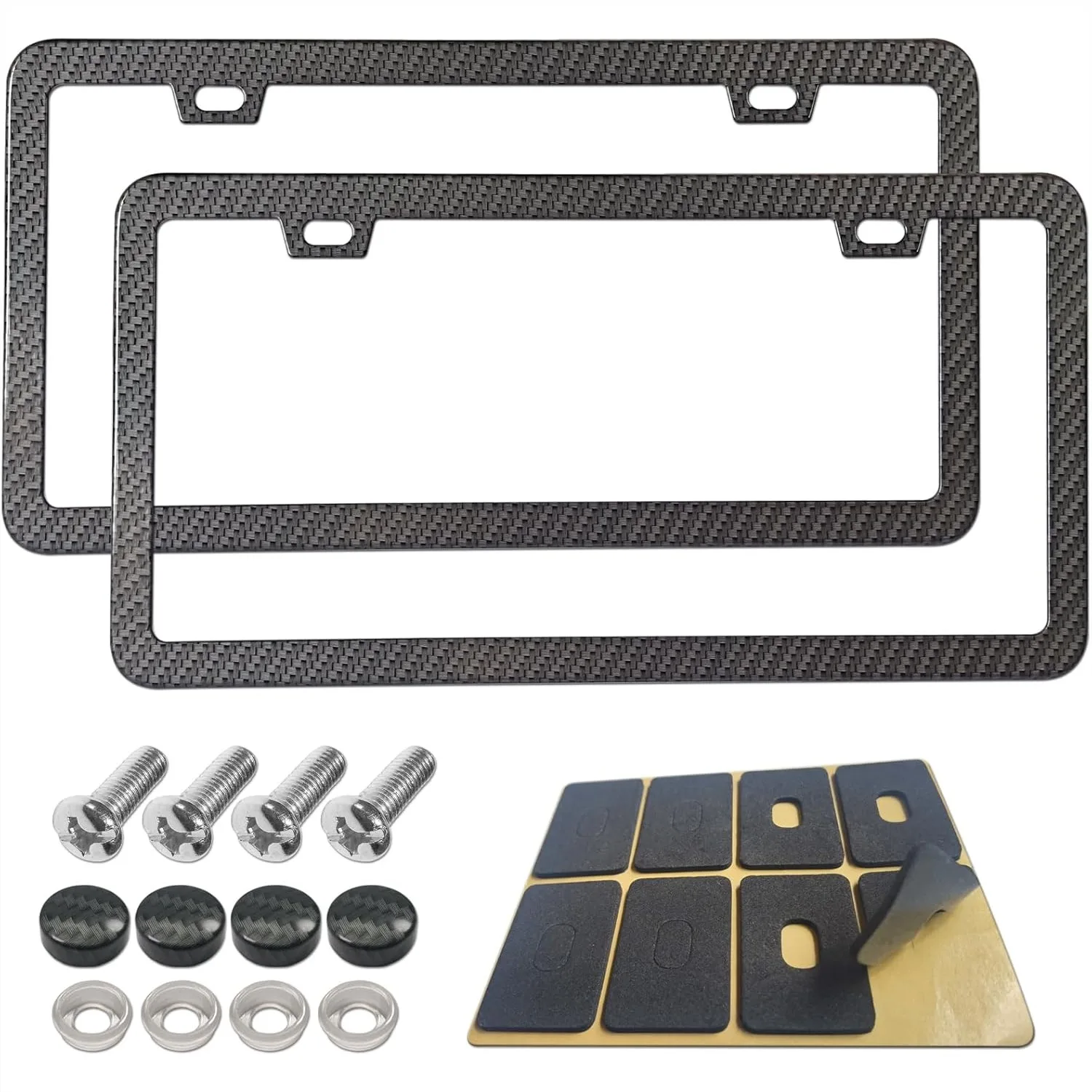 

Black Carbon Fiber License Plate Frame 2 Pack - Rust Proof Aluminum Slim Car Tag Holder with Screws & Caps for Front Rear