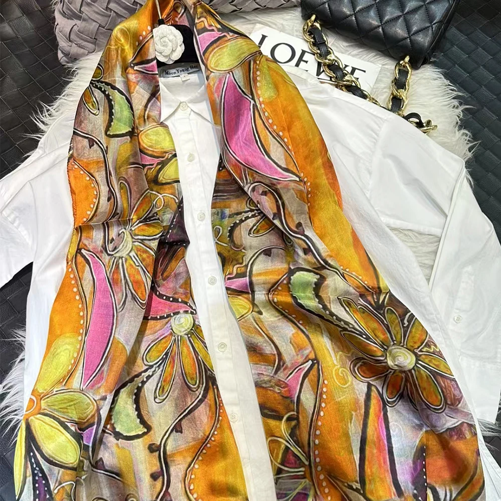 BYSIFA|New 100% Mulberry Silk Scarf Shawl Fall Winter Accessories Women Long Scarves Summer Beach Shawls Yellow, Orange,Pink