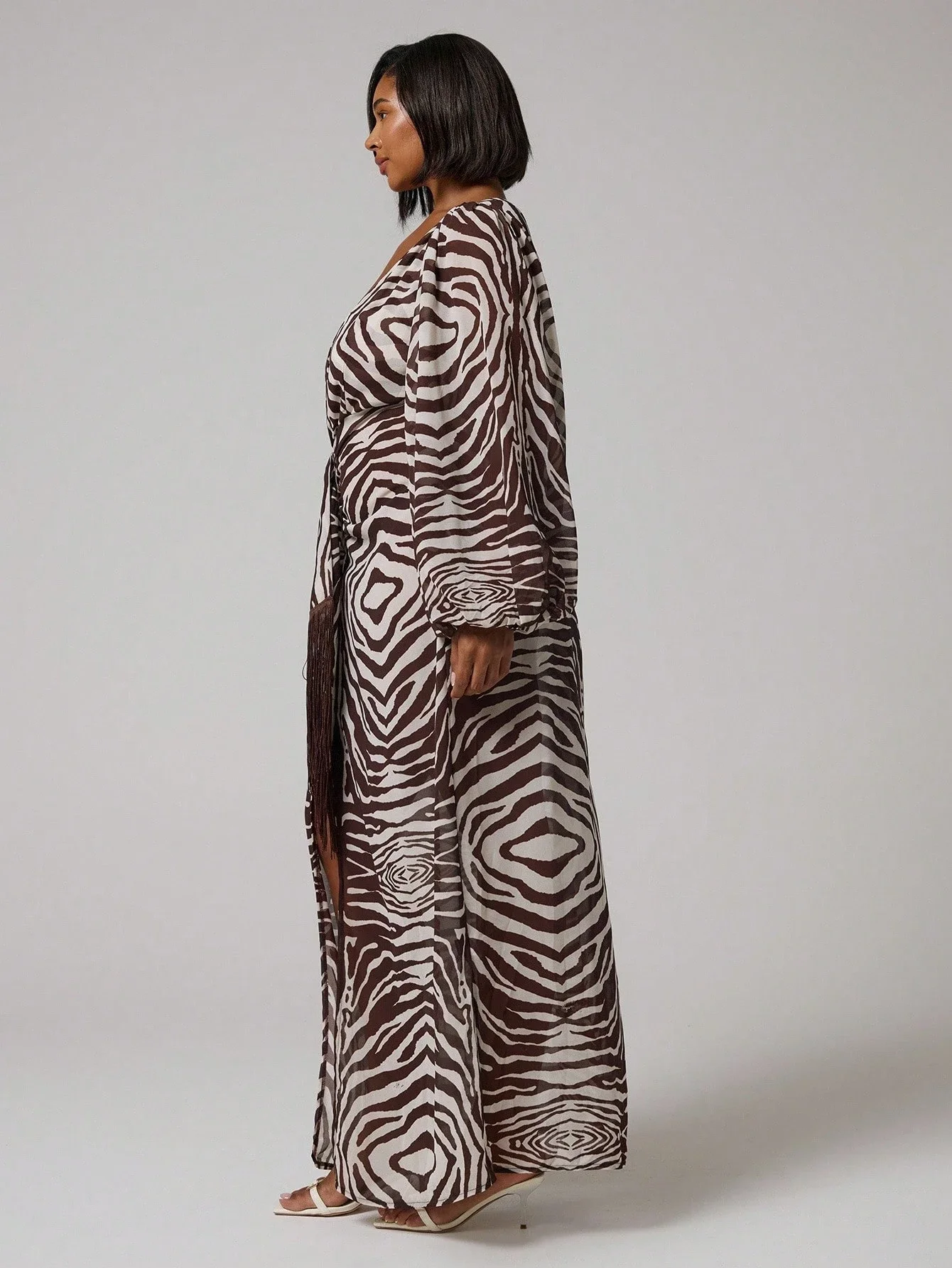 

Chiffon Zebra Print Plunge Neck Long Sleeve Maxi Dress With Slit And Fringe