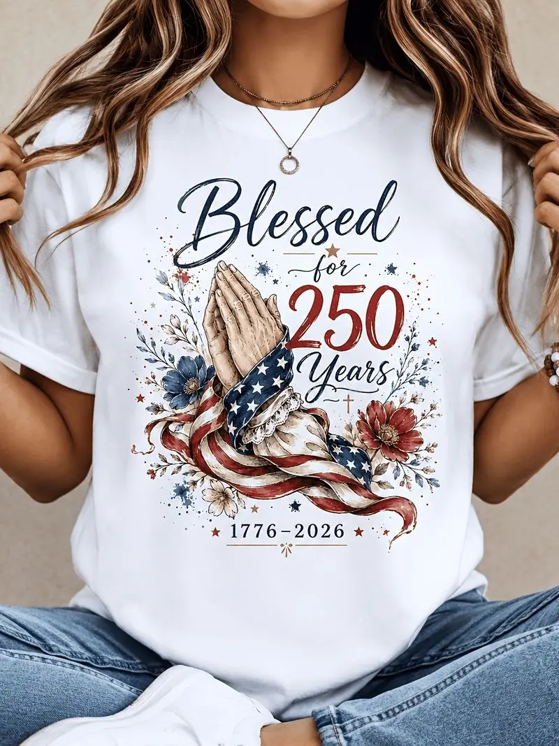 Plus Size Women's Blessed For 250 Years Graphic T-Shirt Patriotic Praying Hands Flag Floral Print Casual Crew Neck Top 1776 2026