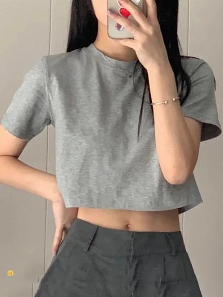 T-shirt Women Cropped Solid Sexy Minimalist Hot Sale Slim Casual Fashion Preppy Chic Basic Tops Korean Style Streetwear Popular