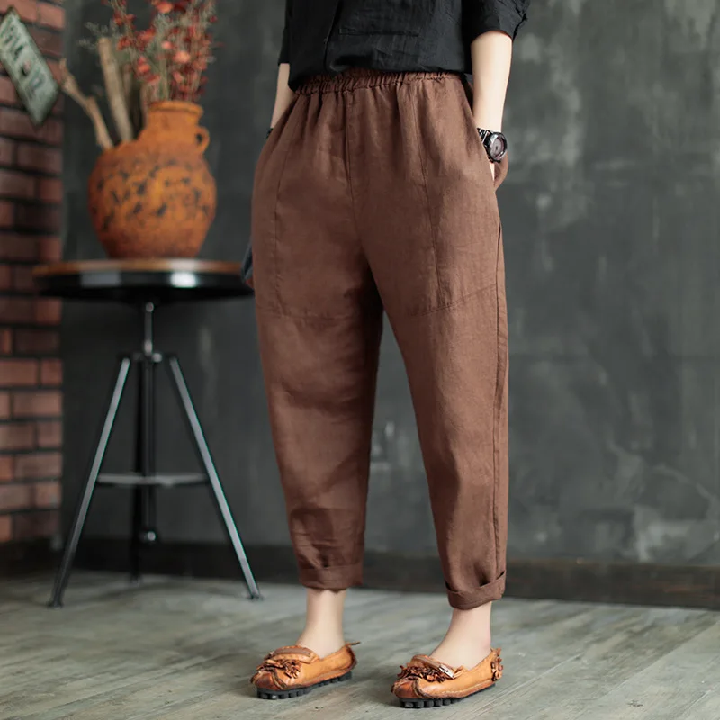 Spring Autumn Literary Patchwork Loose Women Ankle Length Pants Elastic Waist Solid Color Linen Casual Cozy Female Harem Trouser