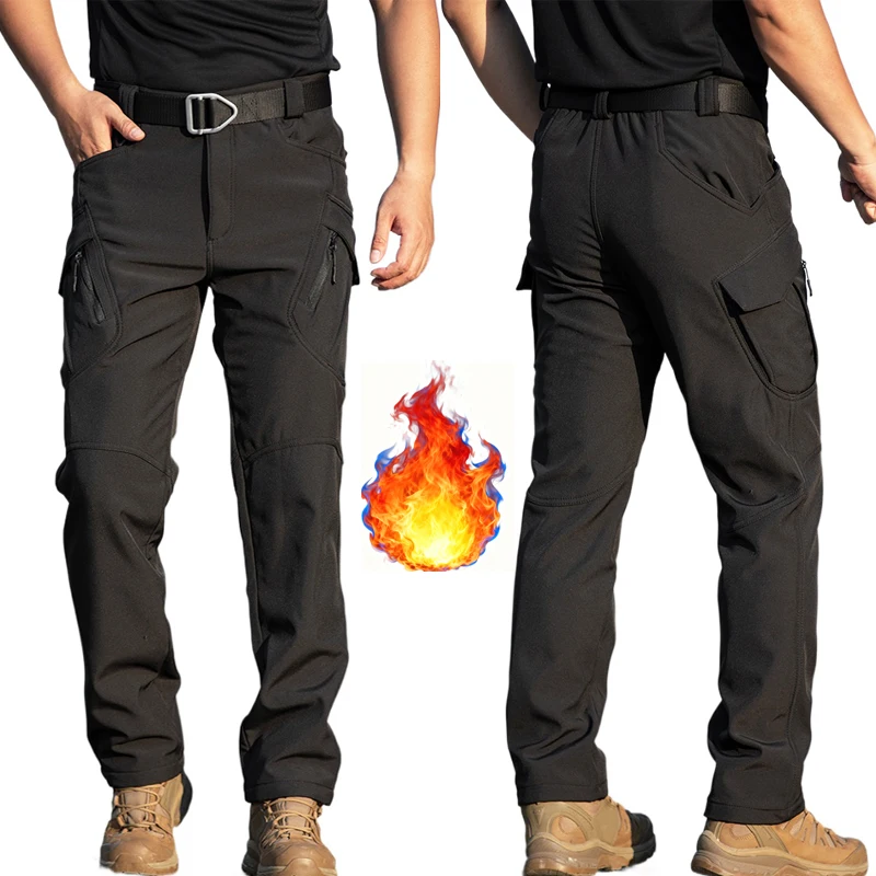 

Новинка 2025, мужские тактические флисовые брюки, зимние теплые брюки-карго из софтшелла с несколькими карманами для повседневного туризма на открытом воздухе