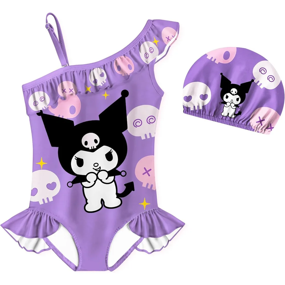 Anime Sanrios Hellokittys Kuromi Digital Printing Girls One-Piece Swimsuit Swimming Cap Set Kids Swimsuit Hot Spring Beach Wear