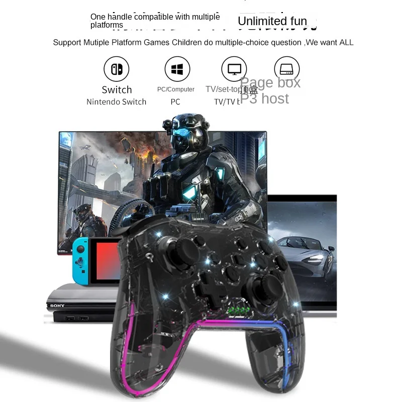 Transparent Dazzling Wireless Game Handle Wake-up Continuous Vibration Handle for Switch