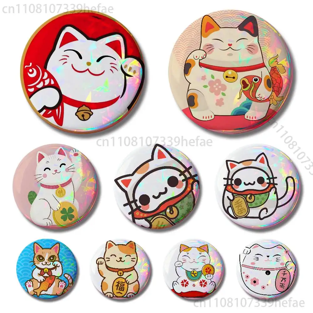 

Japanese lucky cat Badges 25 32 44 58 75 mm Round Fashion Jewelry Clothes Bag Hat Accessories Badge Lover Gifts
