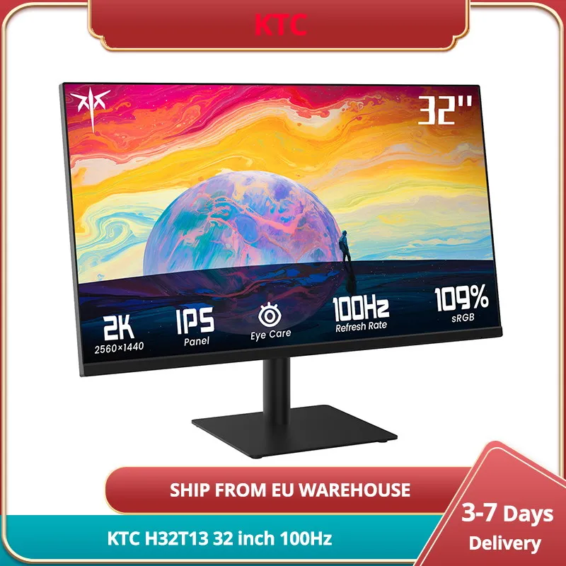 KTC H32T13 Gaming Monitor, 32 inch 2560*1440 16:9 IPS Screen, 100Hz Refresh Rate, FreeSync & G Sync, 1000:1 Contrast Ratio, ELED