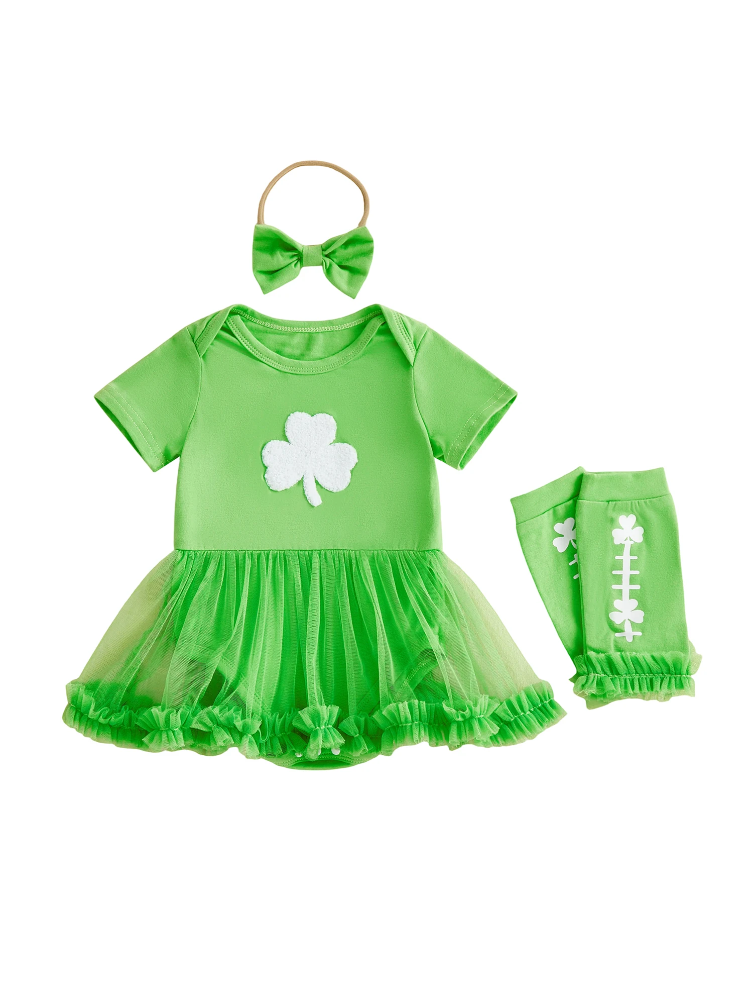 

St Patrick s Day Irish Baby Girl Outfit Shamrock Short Sleeve Romper Dress Leg Warmer and Bow Headband 3 Piece Spring Set