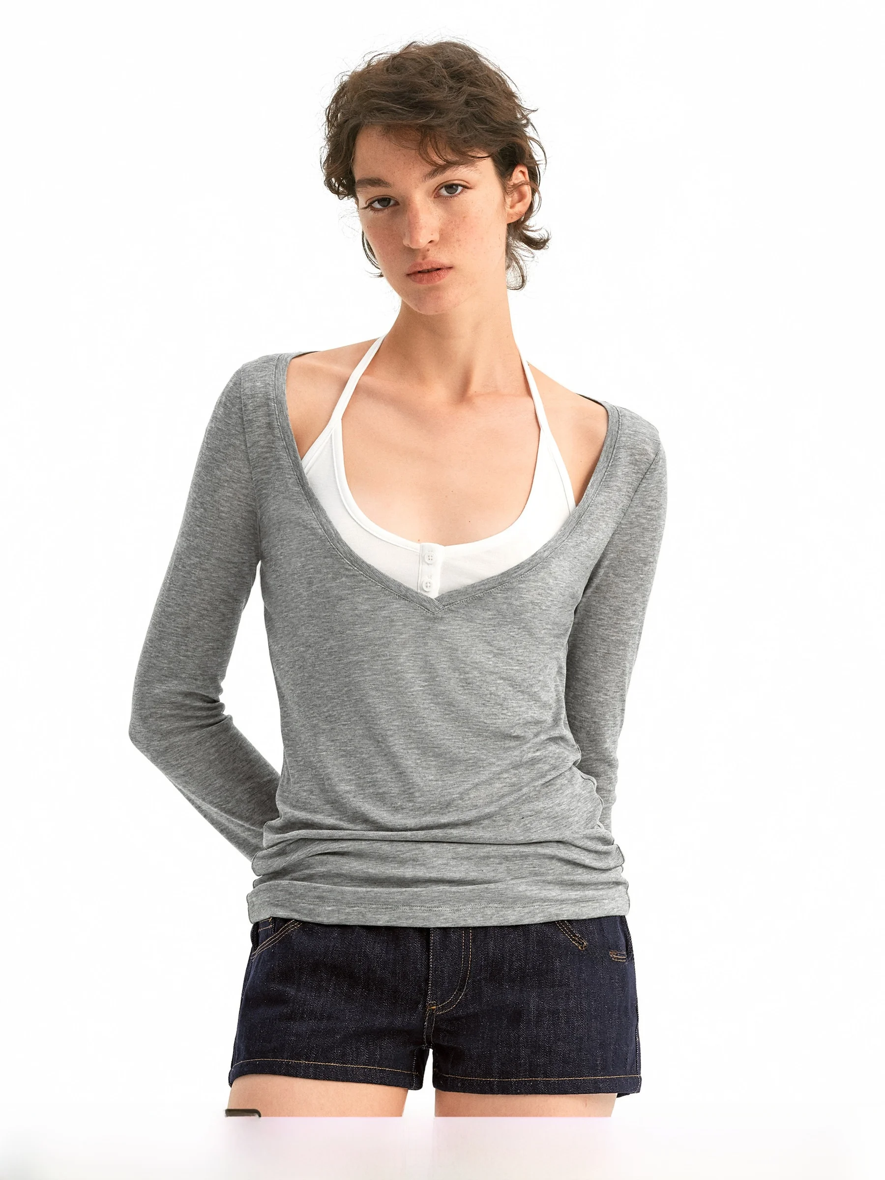 

Оригинальный PUKI Long Sve Fake, двухсекционный мягкий утягивающий универсальный топ, женская повседневная модная футболка