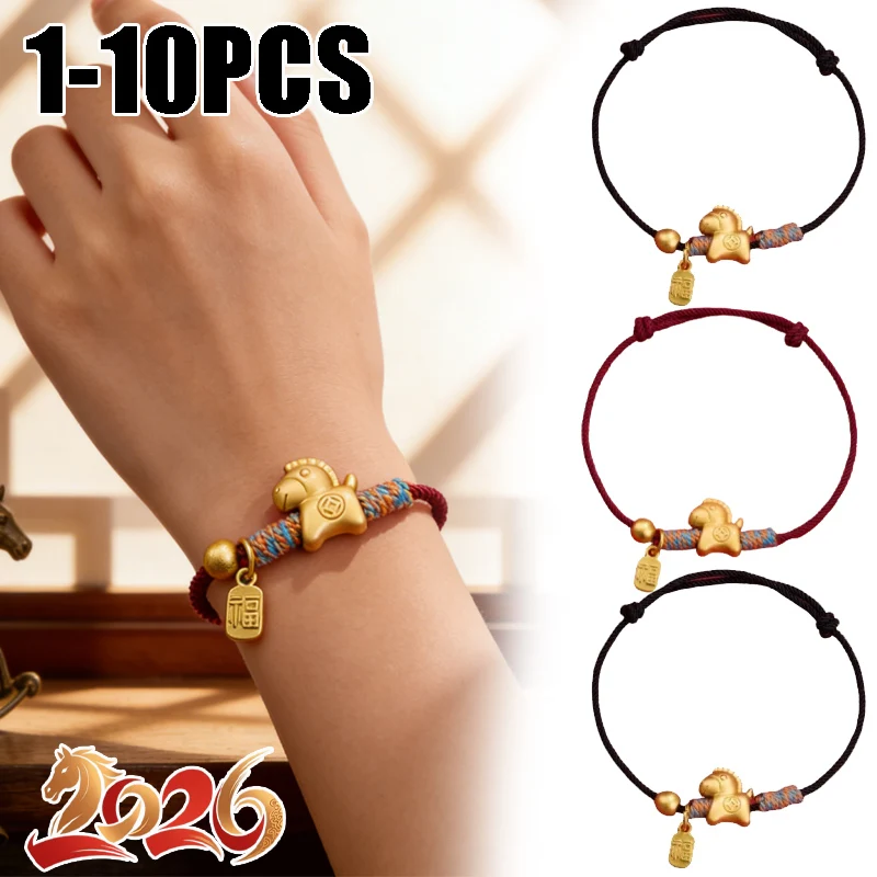 Horse Year Fortune Bracelet Red Braided Design with Horse Charms Chinese Style Beads for Women's New Year Present