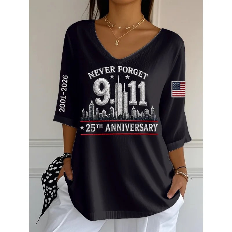 ilstile Women's America Anniversary Never Forget Print T-Shirts Summer 3/4 Sleeve Casual Loose V Neck Tops Tees NEW