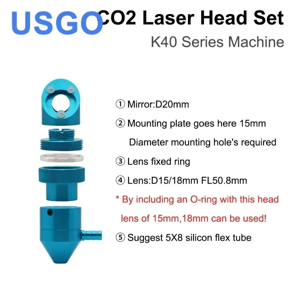 USGO CO2 رأس الليزر لسلسلة K40 النقش بالليزر آلة قطع عدسة ضياء 15/18 مللي متر البعد البؤري 50.8 مللي متر مرآة 20 مللي متر