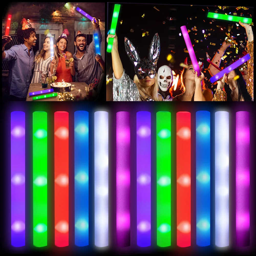 102 عصي إسفنجية متوهجة LED، 3 أوضاع من لوازم الحفلات المتوهجة المتغيرة والألوان، مناسبة لحفلات الزفاف وأعياد الميلاد والكرنفالات والحفلات الموسيقية والتخييم وعيد الشكر والهالوين وعيد الميلاد