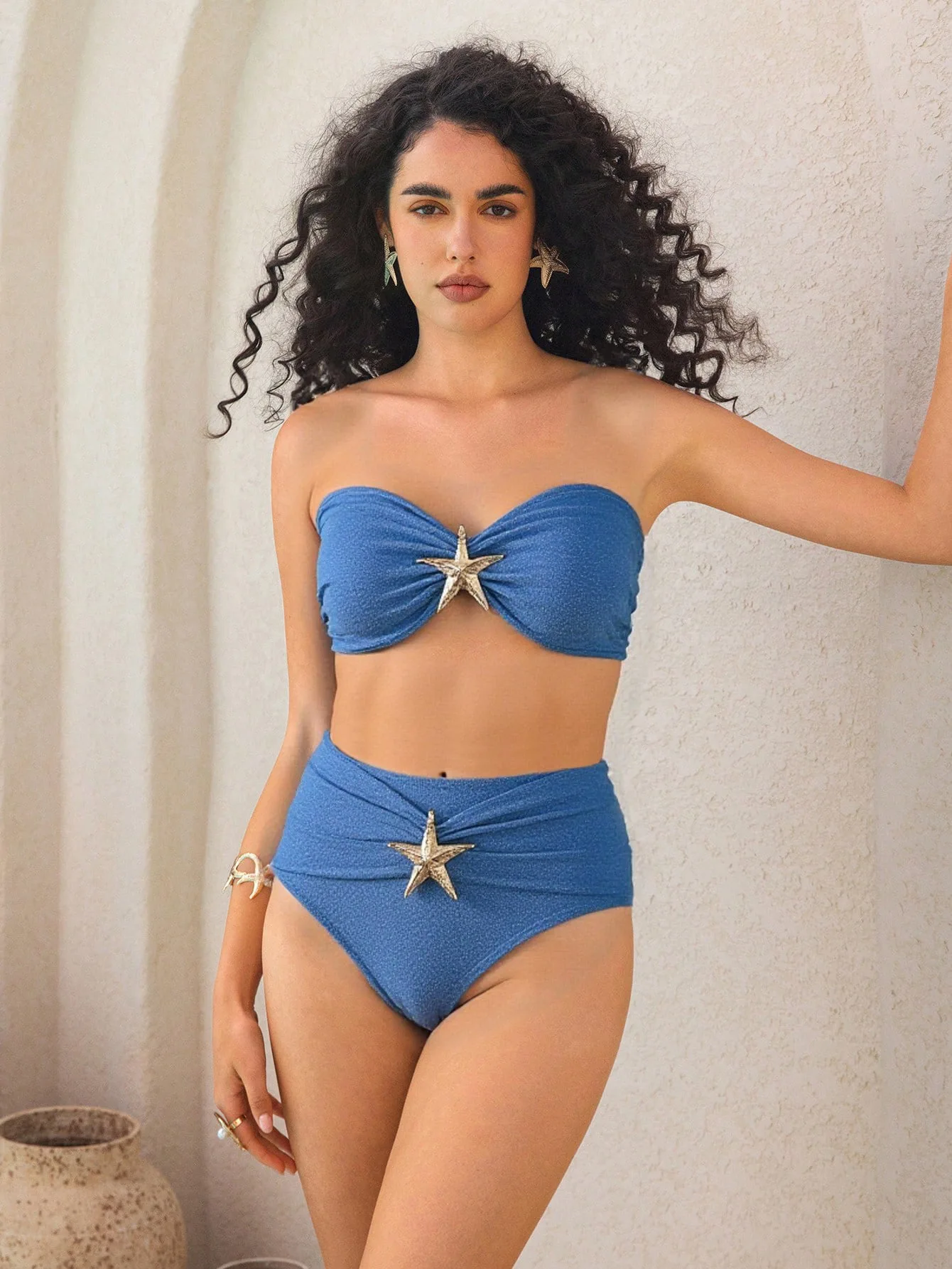 2026 Solid Color Starfish Decor High Waisted Two Piece Bikini Set Women Push Up Tummy Control Halter Backless Swimwear Beach New