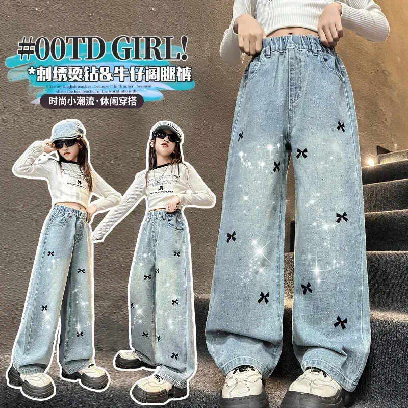 

Children Straight Leg Loose Wide-leg Pants Trousers Girls' Denim Pants Spring and Autumn 2025 New Kids Hot Drill Bow Jeans Teen