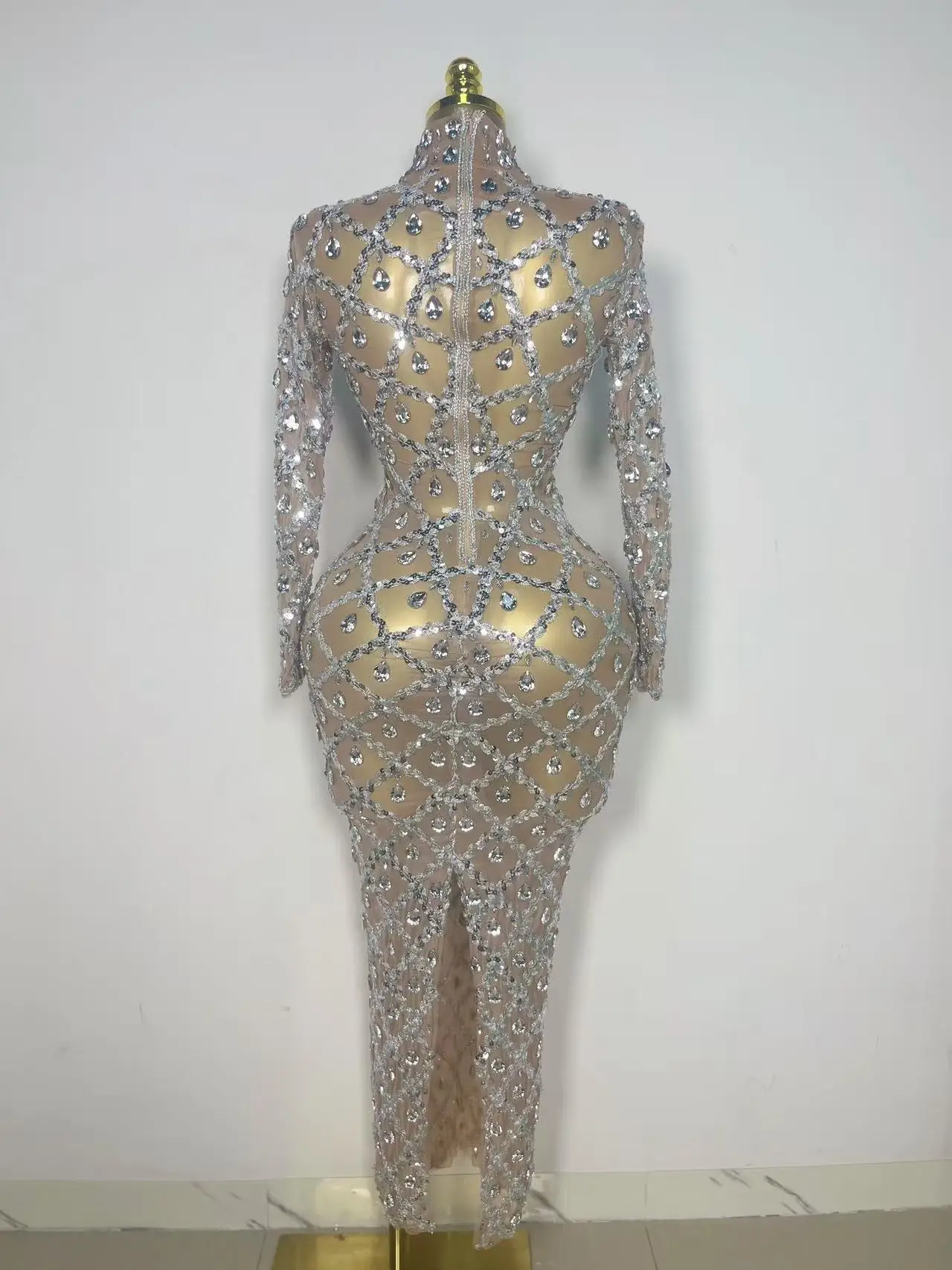 Stage Shining Rhinestone Sequin Long Dress Evening Prom Gown Transparent Singer Club Host Dress Sexy Luxury Birthday Dress