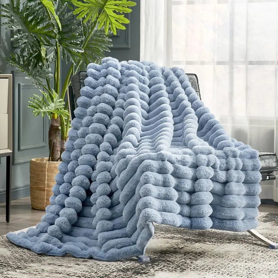

Faux Fur Throw Blanket for Couch, Cozy Warm Plush Striped Blanket for Sofa Bedroom Living Room, 50 60 Inches Light Blue