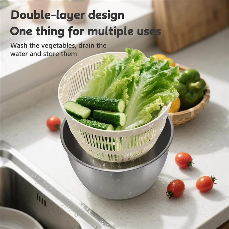 ABKY-Stainless Steel Salad Lettuce Spinner مع غطاء، إطار تصريف الحوض قاعدة غير قابلة للانزلاق يدوية سريعة المدمجة