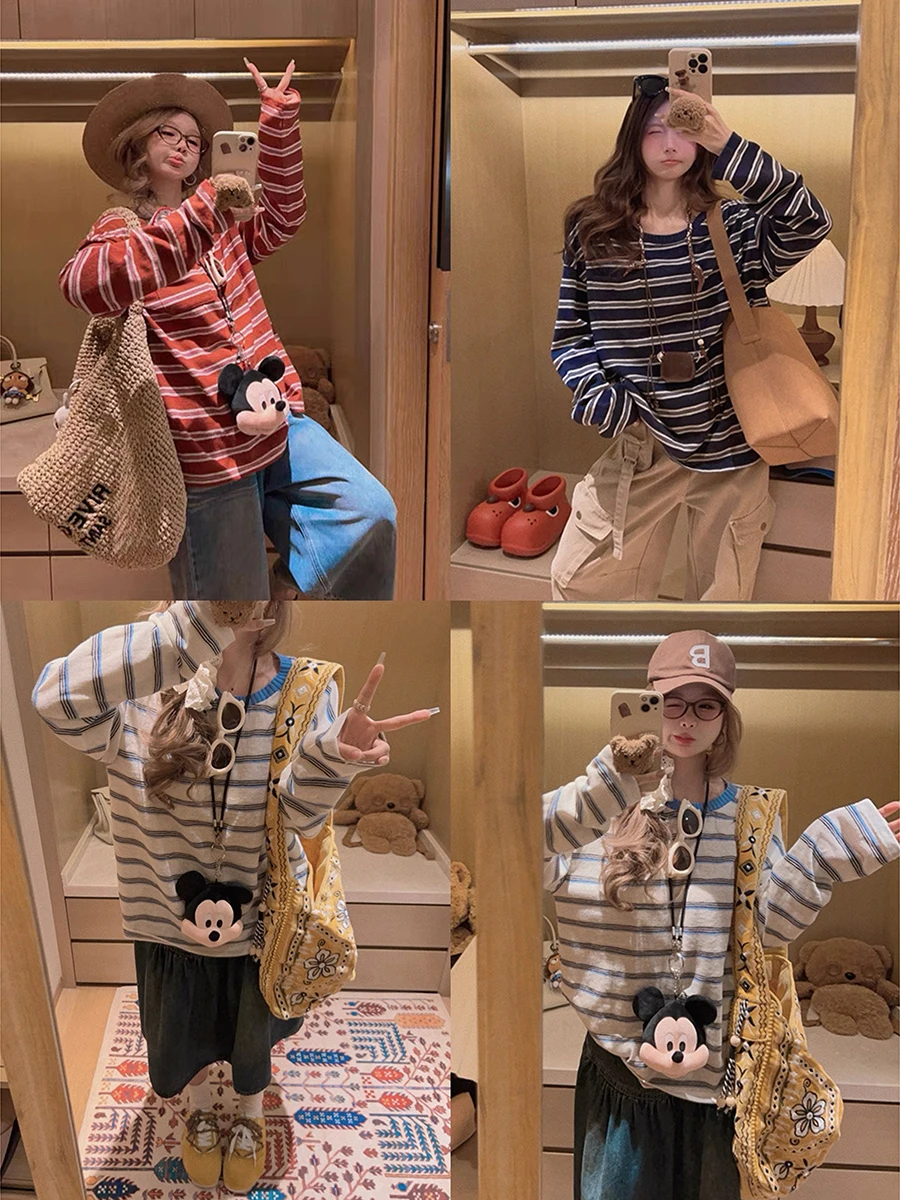 

Женская осенняя модная футболка Yukiss Color Blo Long Sleeve свободного кроя с ребристым воротником и полосатым узором