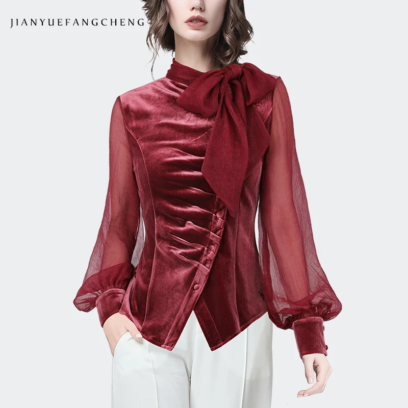 Elegant and Stylish Women\'s Velvet Chiffon Blouse with Bow Tie and Lantern Sleeves Red Irregular Shirt for 2024 Spring Fashion