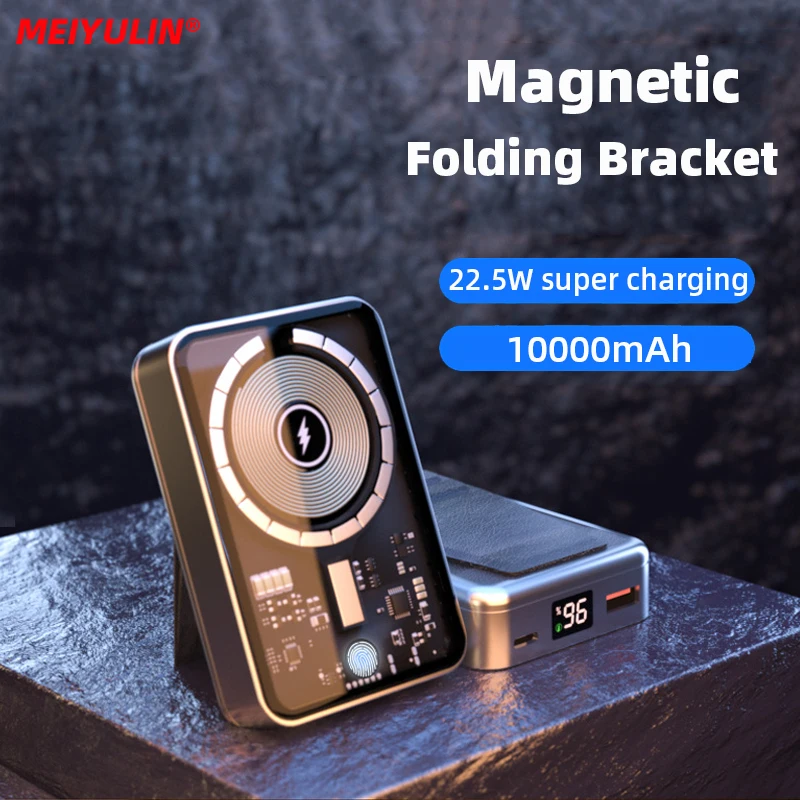 10000mAh Transparent Magnetic Wireless Power Bank Folding Stand Portable External Auxiliary Battery Charger for iPhone 14 Xiaomi