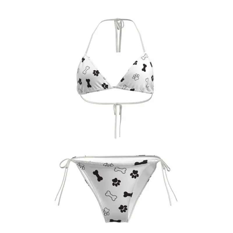Women's White Cute Paw Print Bikini Set with Bone Pattern Y2K Kawaii Triangle Top Tie Side Bottoms Two Piece Swimwear for Summer