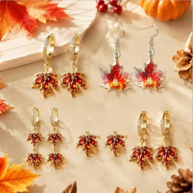 Maple Leaf Earrings For Women, 1/2/3/5Pcs Rhinestone Dangle Earrings, Elegant Minimalist Jewelry, Thanksgiving Fashion Gift