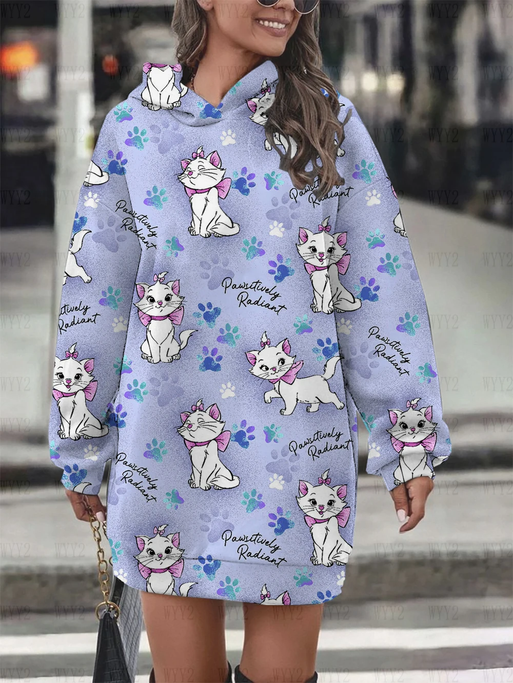 New Women\'s Hoodie Sweater Dress Disney Marie Cat Print Hooded Long Sleeve Dress Fashion Street Style Winter Clothing