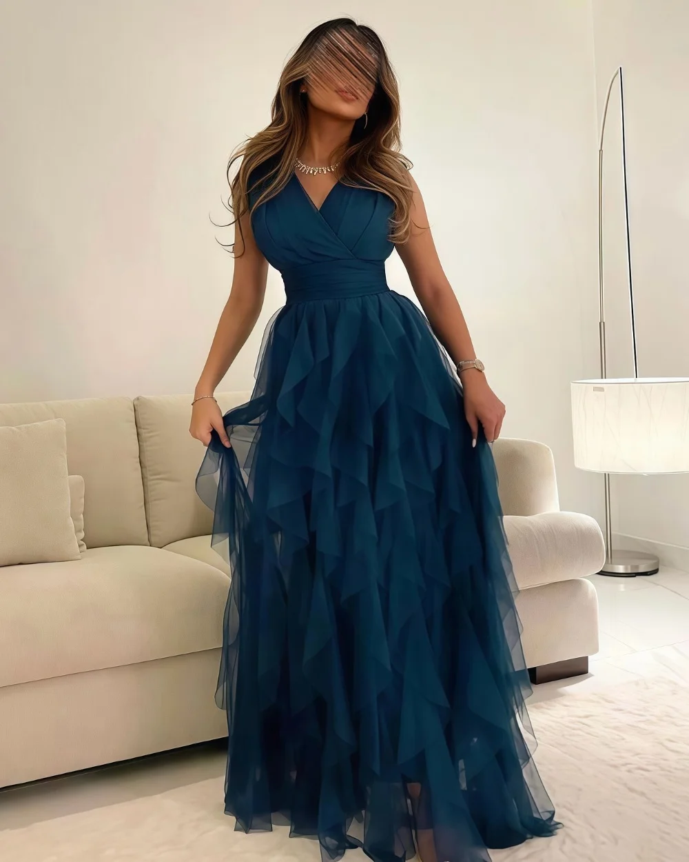 

Customized Chinese Style Modern Style Tulle Draped Tiered Ball Gown V-neck Long Dresses Bespoke Occasion Dresses Sizes Available