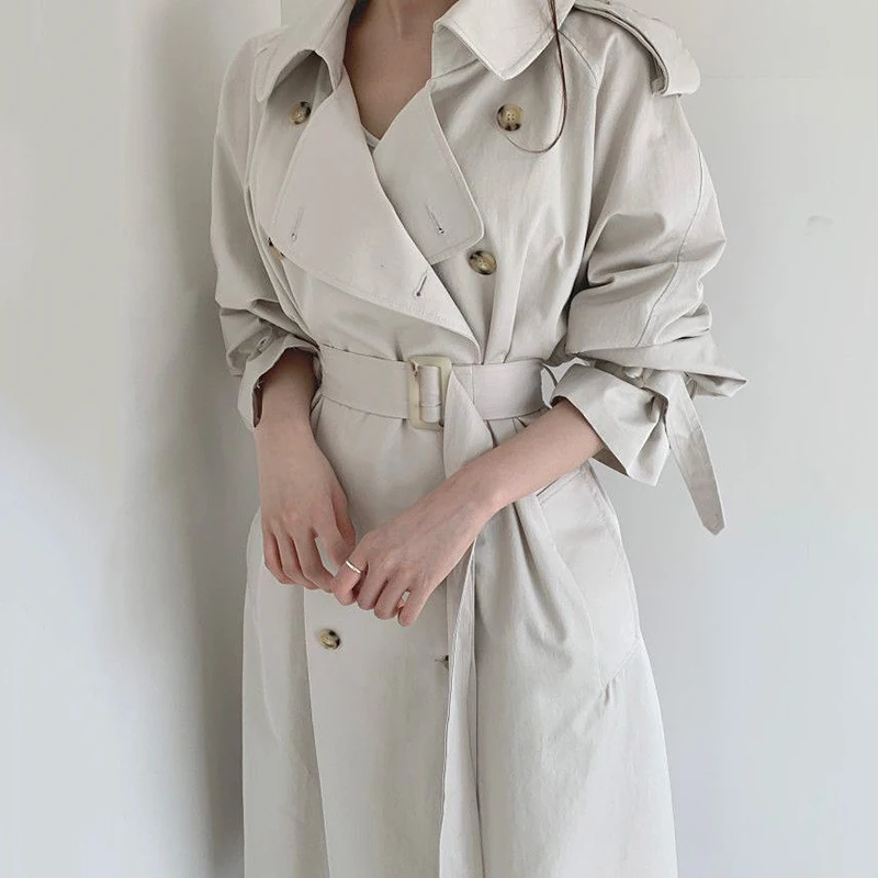 

Ele Briti Sle Long Waist-Cinching Coat with Double-Breasted Flip-Collar And Ba Split Design for Young Women