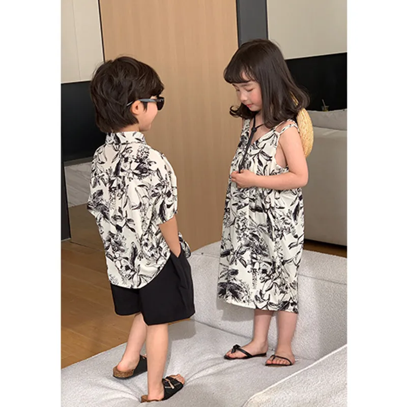 Baby Twins Clothes Fashion Brother and Sister Matching Outfit Summer Toddler Boys Shirts 2 Piece Sets Kids Girls Dresses Sling