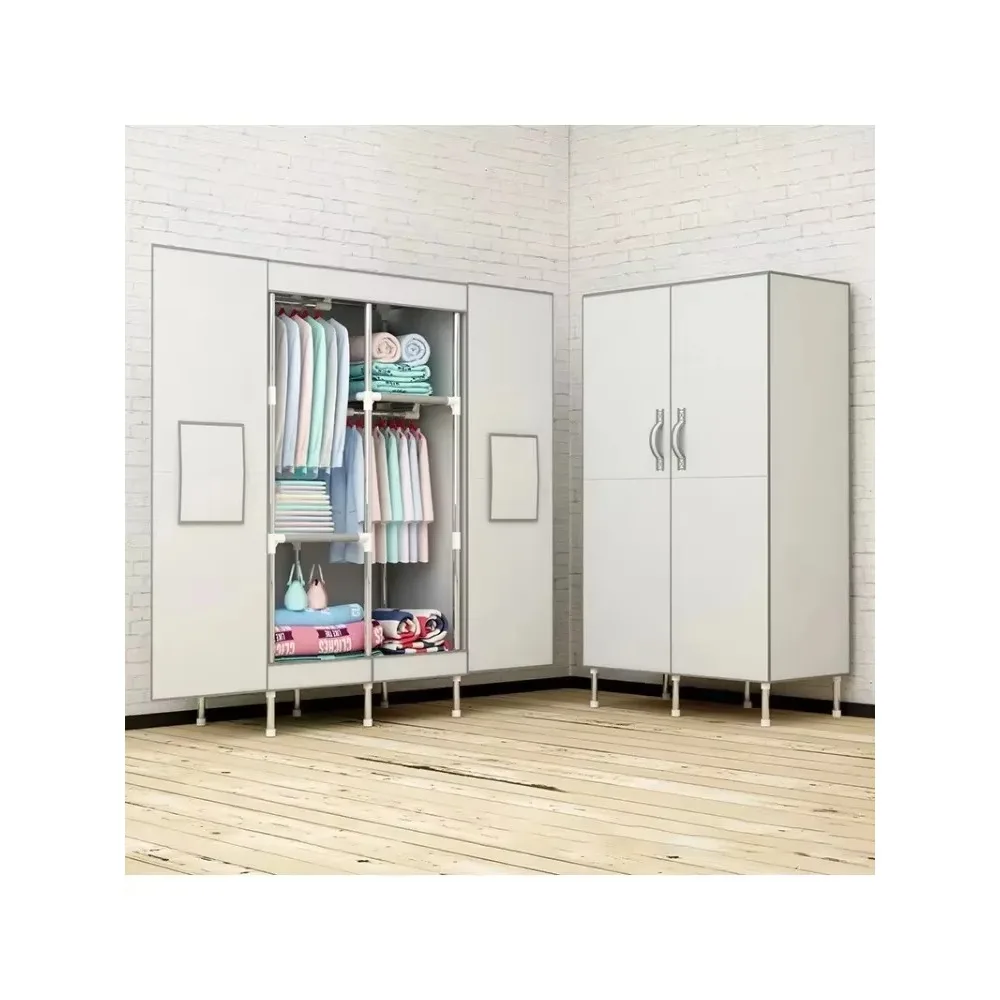 Double door folding simple cloth wardrobe thickened 19mm steel pipe single person storage wardrobe, Assembly closet for clothes