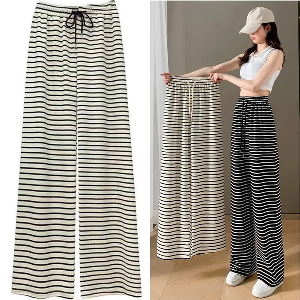 캐주얼웨어 스트리트 스타일 스트라이프 팬츠 레귤러 길이 바지 세련된 데일리웨어 바지 여성용 흰색 편안한 착용감