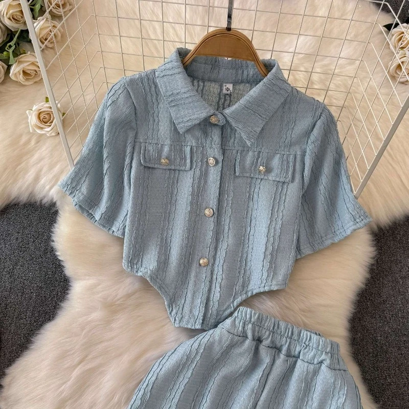 고급 여름 솔리드 컬러 투피스 세트 여성 라펠 칼라 싱글 브레스티드 슬림핏 숏 스타일 셔츠+캐주얼 와이드 레그 팬츠