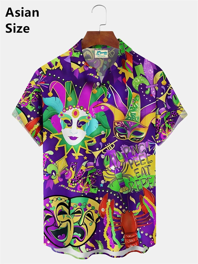 Mardi Gras Man Shirts Festive Mask Graphic Button Up Shirts Casual New Unisex Shirt Vacation Lapel Short Sleeves Carnival Tops