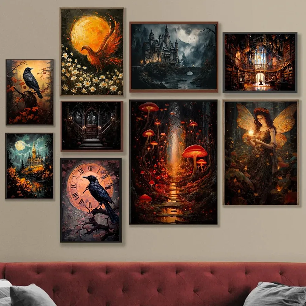 Enchanted Forest Dark Cabin Fantasy Landscape Aesthetic Poster Print Gothic Crow Canvas Painting Wall Art Mural Home Decor Gifts