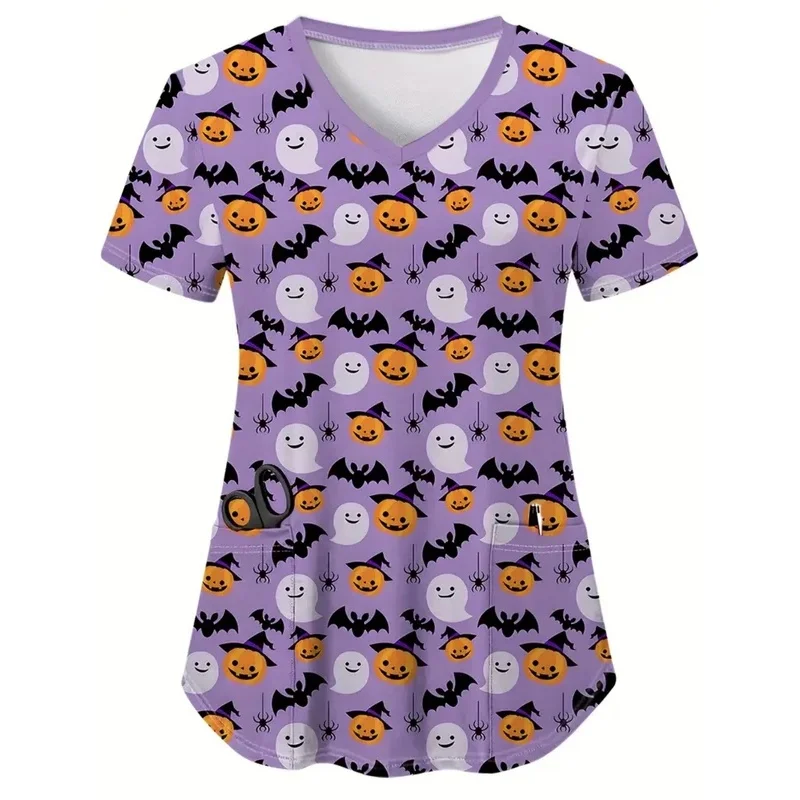 Halloween-themed women's short-sleeved medical workwearVComfortable pocket tie for daily wear by dentists and veterinarians