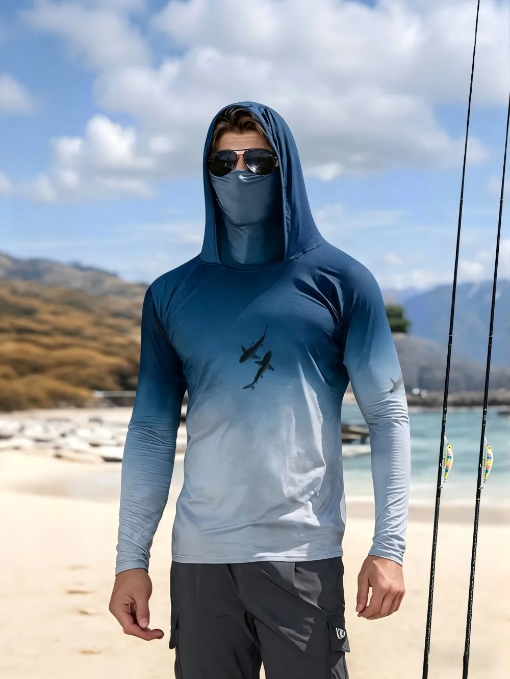 American Men's Summer Personalized Sea Shark Gradient Print Soft Breathable Fishing Suit Long Sleeved T-Shirt Outdoor Casual Top image 5