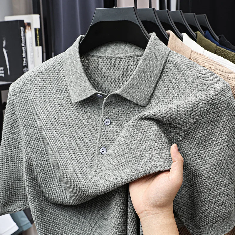 Popular Live-Streaming Item: Pure Cotton Pineapple-Pattern Knitted Polo Shirt, Short-Sleeved Men's Summer Fashion, Light Luxury